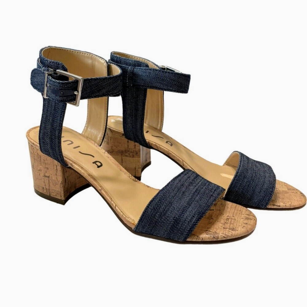Unisa Low Block Heel Cork and Denim Ankle Strap Sandals